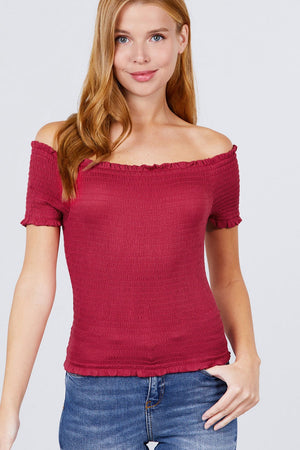 Short Sleeve Off The Shoulder Smocked Rayon Spandex Top