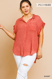 Washed Button Up Short Sleeve Top With Frayed Hemline