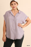 Washed Button Up Short Sleeve Top With Frayed Hemline