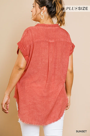 Washed Button Up Short Sleeve Top With Frayed Hemline