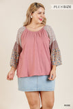 Sheer Mixed Floral Print Bell Sleeve Round Neck Top