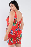 Plus Size Tomato Red Floral Print Scoop Back Cinched Center Mini Dress