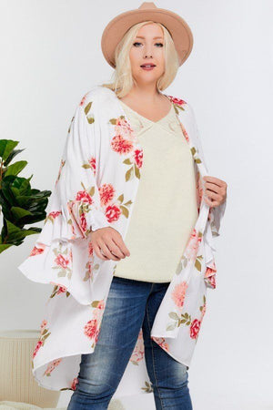 Floral Print Ruffle Detailed Draped Longline Maxi Kimono Cardigan