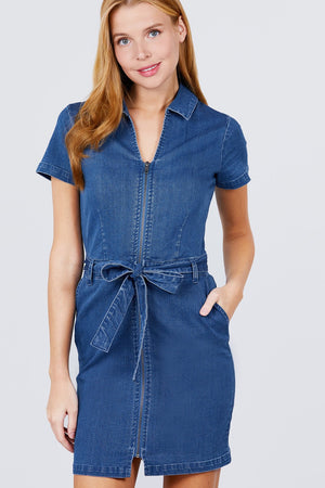 Short Sleeve Collar With Front Zipper Waist Ribbon Denim Mini Dress