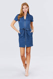 Short Sleeve Collar With Front Zipper Waist Ribbon Denim Mini Dress