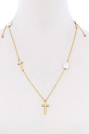 Triple Cross And Pearl Pendant Endless Necklace