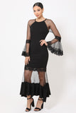 Bell Sleeve Mesh Combined Fashion Long Dress