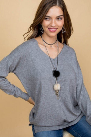 V Neck 3/4 Sleeve Side Slit Hi-lo Sweater