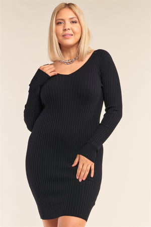 Plus Size V-neck Long Sleeve Ribbed Sweater Bodycon Mini Dress