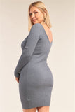 Plus Size V-neck Long Sleeve Ribbed Sweater Bodycon Mini Dress