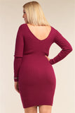 Plus Size V-neck Long Sleeve Ribbed Sweater Bodycon Mini Dress