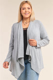 Plus Size Heather Grey Knit Open Front Long Sleeve Asymmetrical Pleated Collar Hem Cardigan