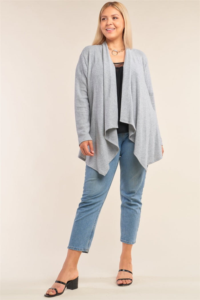 Plus Size Heather Grey Knit Open Front Long Sleeve Asymmetrical Pleated Collar Hem Cardigan