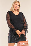 Plus Size Relaxed Fit Deep Plunge V-neck Long Polka Dot Mesh Balloon Sleeve Top