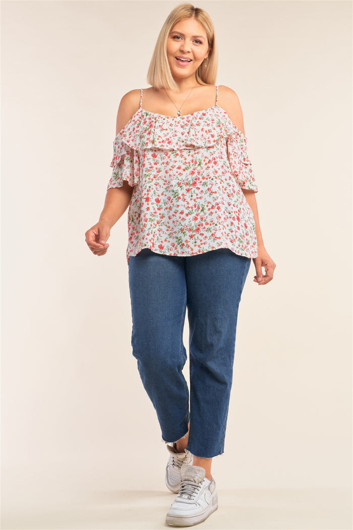 Plus Size Floral Print Relaxed Fit Mini Sleeve Off-the-shoulder Flared Hem Top