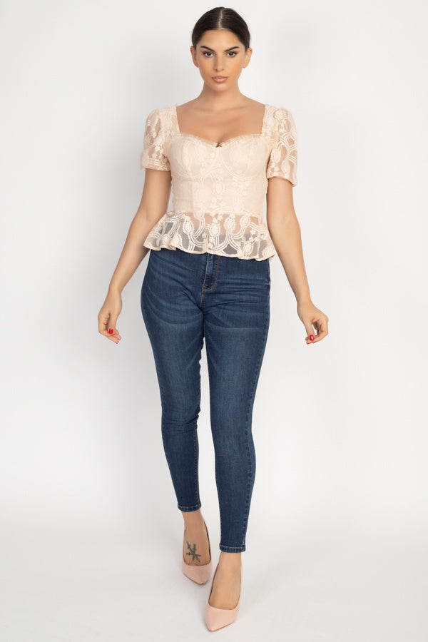 Sheer Lace Sweetheart Flounce Top