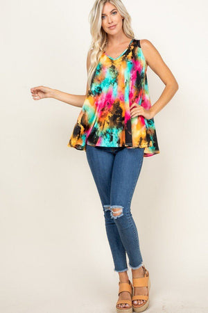 Tie Dye Sleeveless V Neck Swing Tunic Top