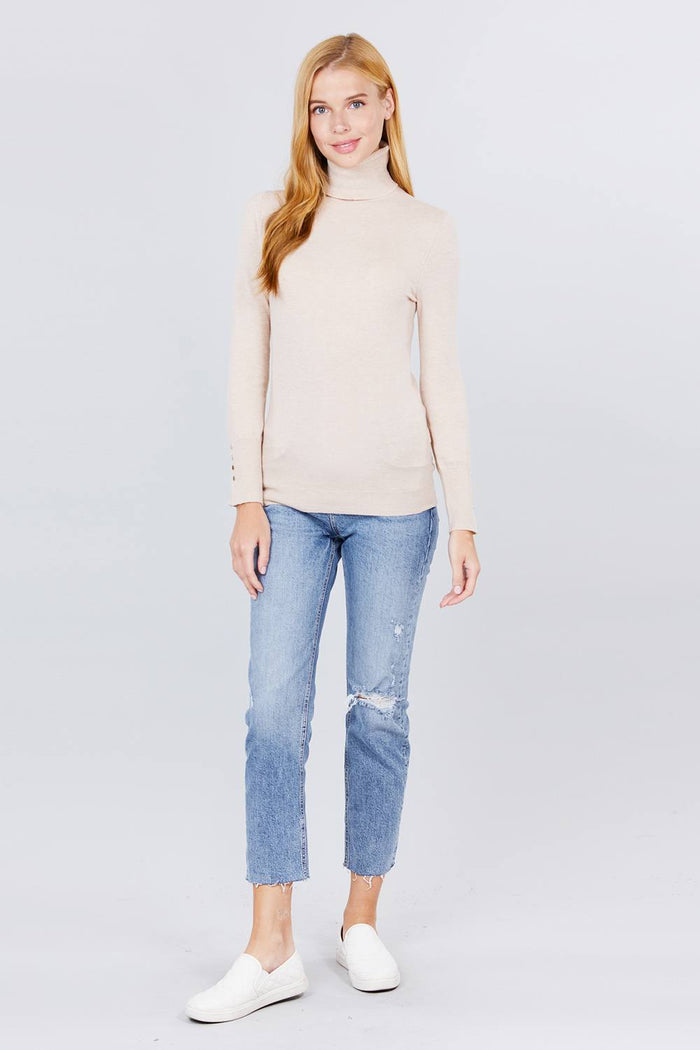 Long Sleeve With Metal Button Detail Turtle Neck Viscose Sweater