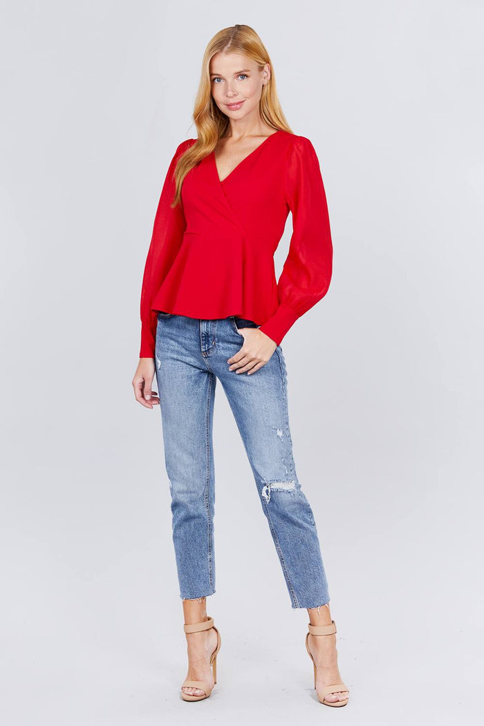 Puff Sleeve V-neck Peplum Top