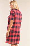 Plus Size Checkered Round Neck Short Sleeve Sweater Mini Dress