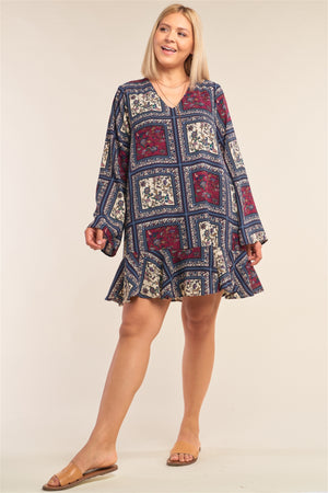 Plus Size Navy Mix Loose Fit V-neck Scarf Print Long Sleeve Flounce Hem Mini Dress