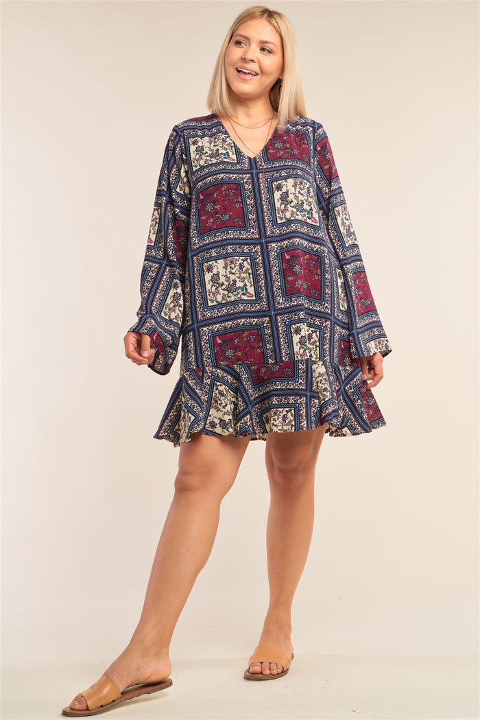 Plus Size Navy Mix Loose Fit V-neck Scarf Print Long Sleeve Flounce Hem Mini Dress