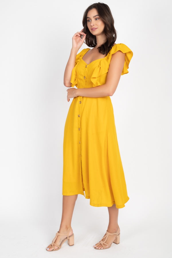 Button Front Ruffle Midi Dress