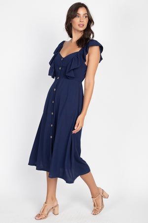 Button Front Ruffle Midi Dress