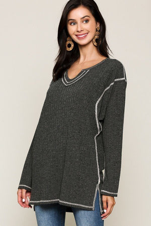 Two-tone Rib Tunic Top With Side Slits