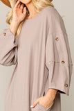 Textured Button Accent Puff Sleeve Side Pockets Shift Dress