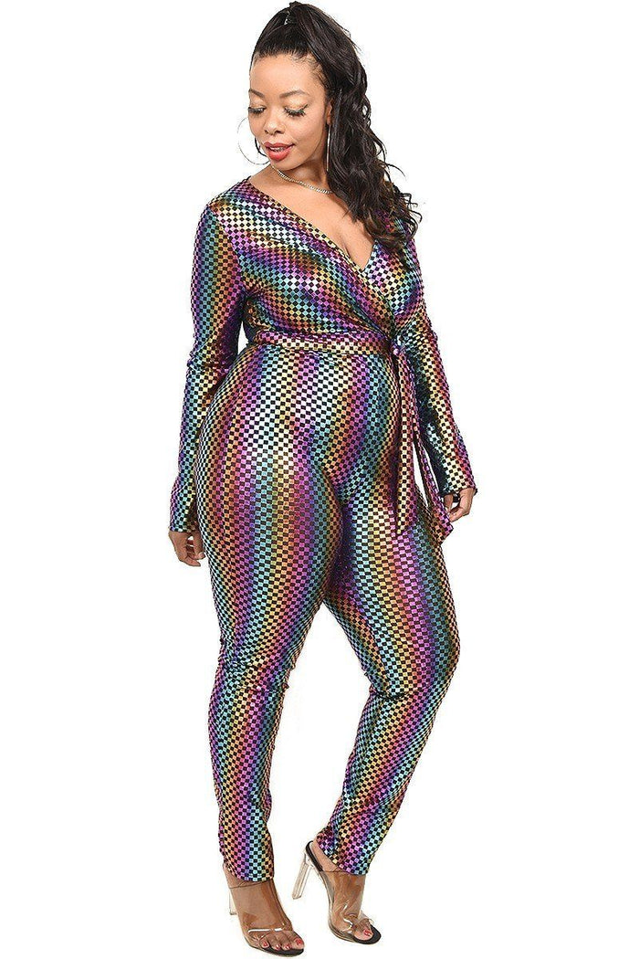 Plus Sequin Striped Surplice Jumpsuit