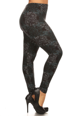 Plus Size Floral Medallion Pattern Printed Knit Legging With Elastic Waistband.