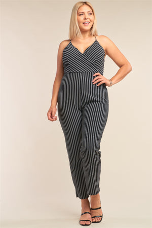 Plus Size Black & White Striped Wrap Sleeveless Criss-cross Strap Deep Plunge V-neck Jumpsuit