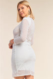 White Plus Size Long Sleeve Chevron Sheer Bodycon Mini Dress