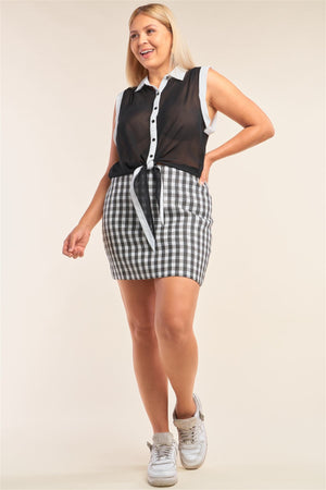 Black & White Sheer Buttoned Down Sleeveless Front Knot Top