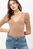 Sheered 3/4 Sleeve, V Neck Rayon Jersey Body Suit