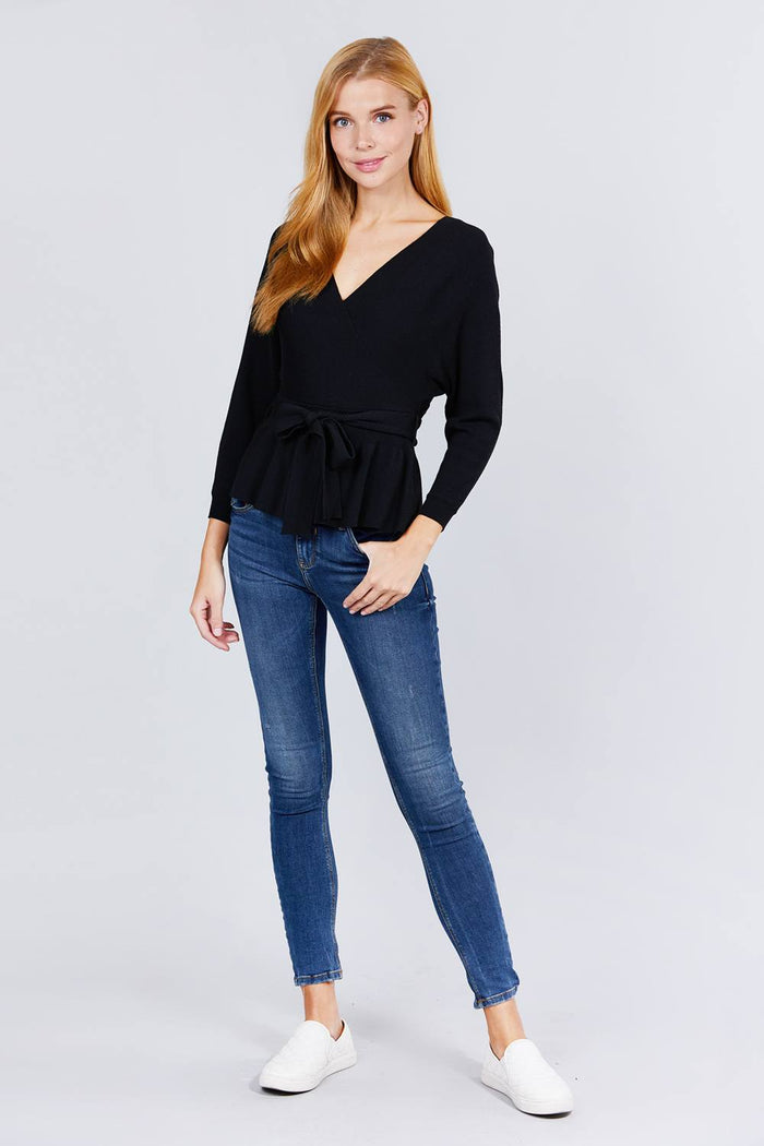 V-neck Wrapped Waist Band Sweater