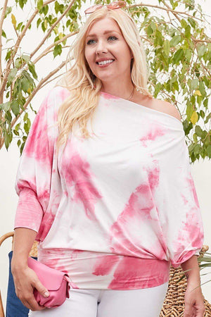 Boat Neck Long Bubble Sleeve Tie-dye Print Knit Top