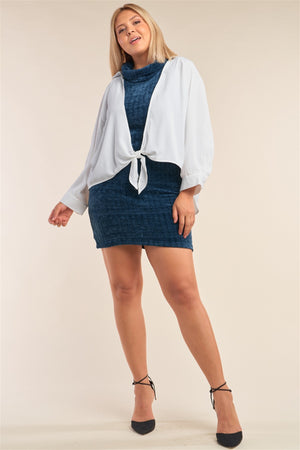 Plus Size White Open Front Relaxed Fit Self-tie Bottom Hem Long Sleeve Collared Shirt Top