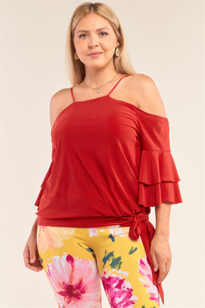 Plus Size Red Sleeveless Off-the-shoulder Layered Angel Sleeve Self-tie Hem Top