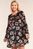 Plus Size Floral Print Velvet Long Layered Hem Sleeve Mini Dress