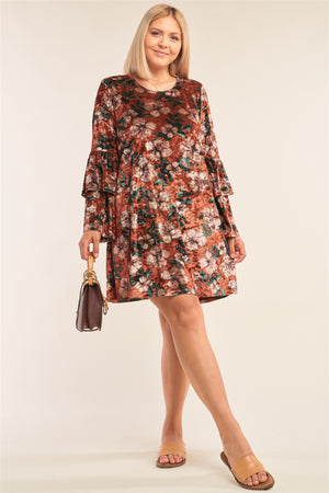 Plus Size Floral Print Velvet Long Layered Hem Sleeve Mini Dress