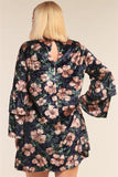 Plus Size Floral Print Velvet Long Layered Hem Sleeve Mini Dress