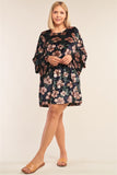 Plus Size Floral Print Velvet Long Layered Hem Sleeve Mini Dress