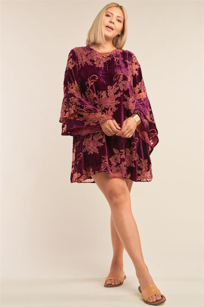 Plus Size Velvet Floral Pattern Long Angel Sleeve Round Neck Relaxed Fit Mini Dress