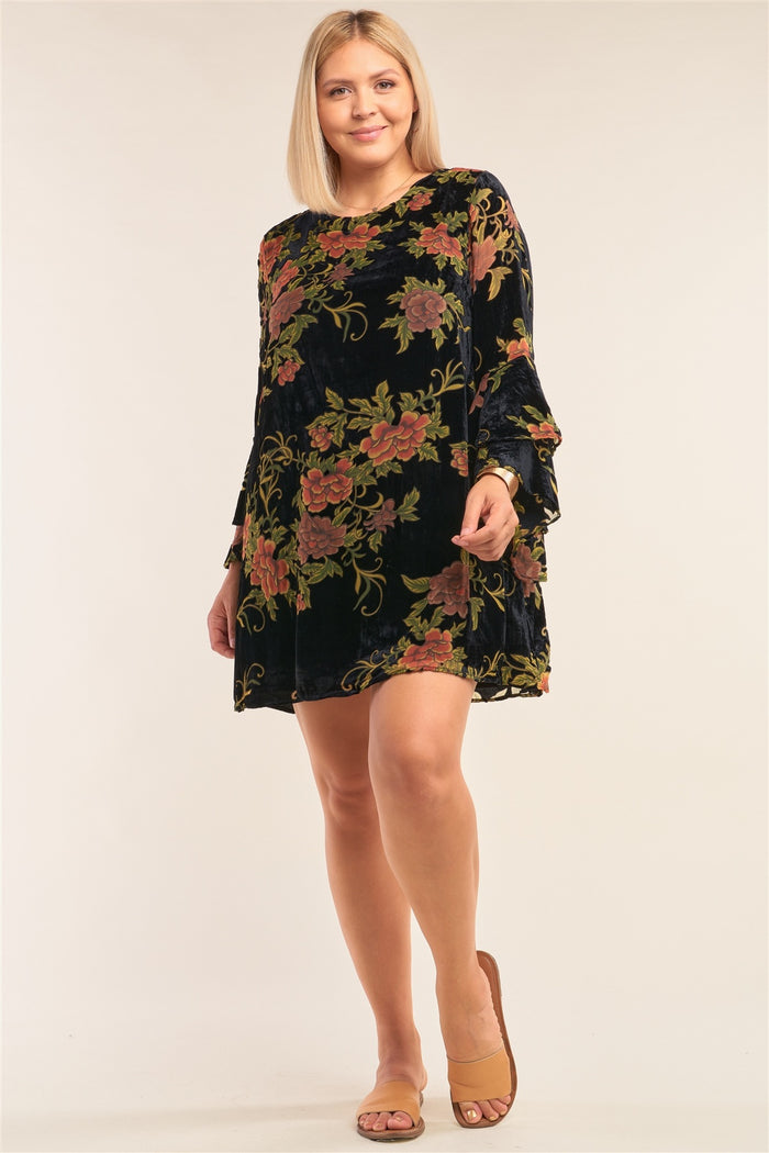 Plus Size Velvet Floral Pattern Long Angel Sleeve Round Neck Relaxed Fit Mini Dress