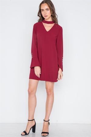 Long Sleeve V-cut Out Solid Mini Dress