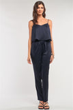 Navy Satin Sleeveless Soft V-neck Layered Self-tie Waist Detail Jumpsuit