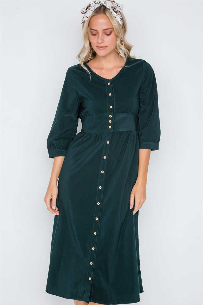 Corduroy 3/4 Sleeve Button Down Midi Dress