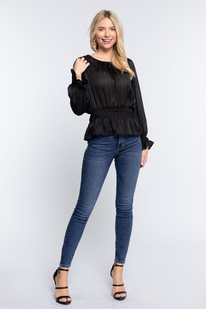 Smocked Ruffle Sleeve Lurex Blouse